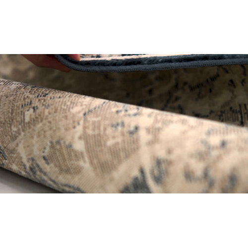 Three Posts™ Landes Power Loom Performance Beige/Navy Blue Rug